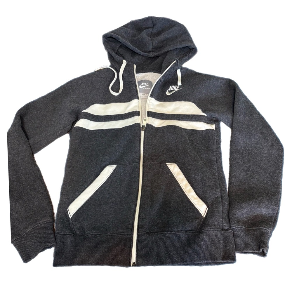 Nike Hoodie Youth Medium 8-10 Gray White Full Zip Y2K Vintage Striped Sportswear